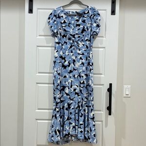 Halston Center Ruched Blue and Black Floral Midi Dress